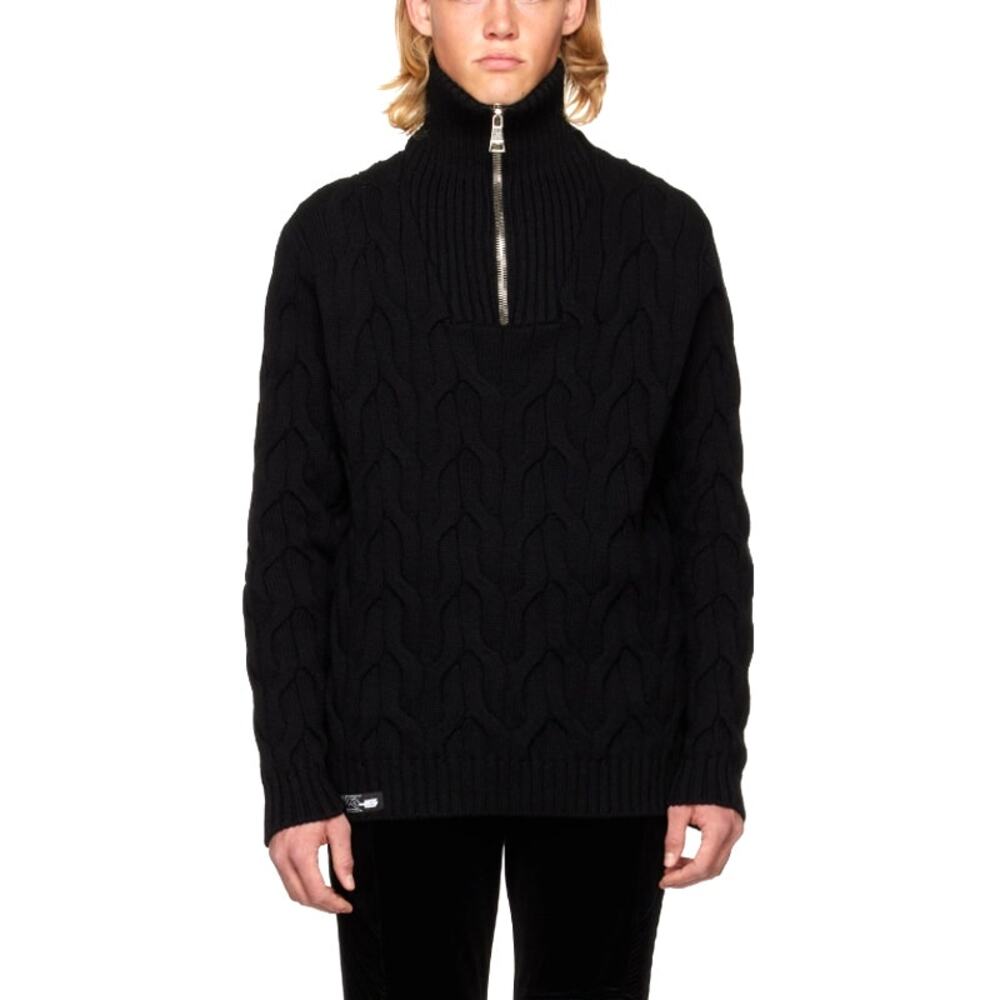 BALMAIN Men's Black Half Zip Cable Knit Pullover Sweater Size L